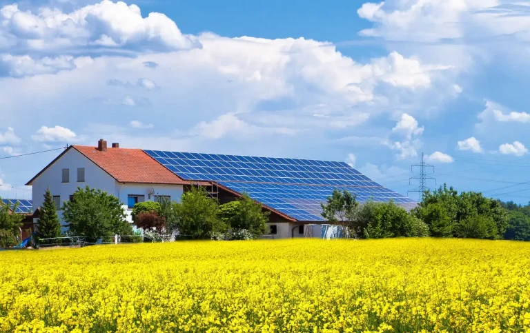 Solar panels on a farm barn powering outbuildings
