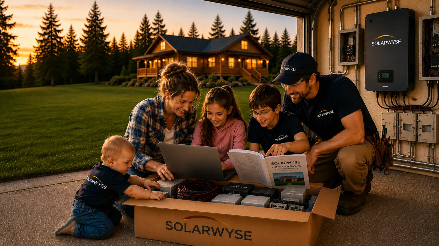 Western Canadian family unboxing a Solarwyse DIY solar power kit beside their off-grid home installation